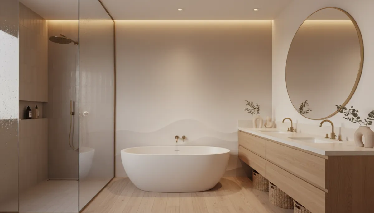 photorealistic wide bathroom in warm neutral tones, walk-in shower with frameless glass, freestanding tub, floating wood vanity with quartz top, soft recessed lighting, subtle coastal decor, clean and modern but inviting