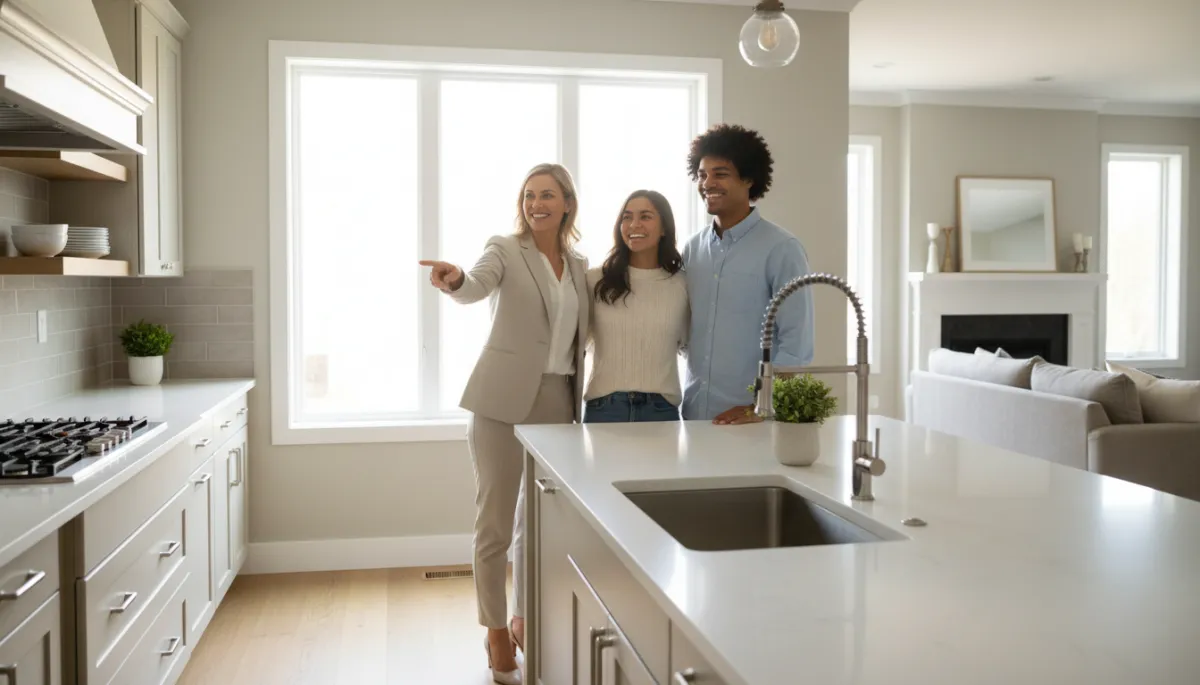 Real estate agent showing a kitchen to first time home buyers