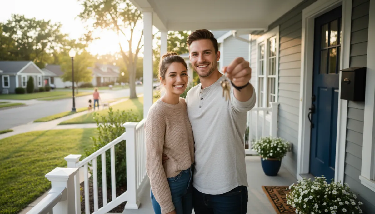 Happy first time home buyers holding the keys to their new house