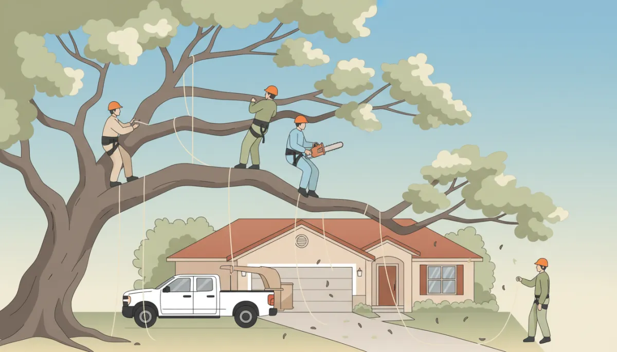 Crew trimming large oak branches away from a Florida home