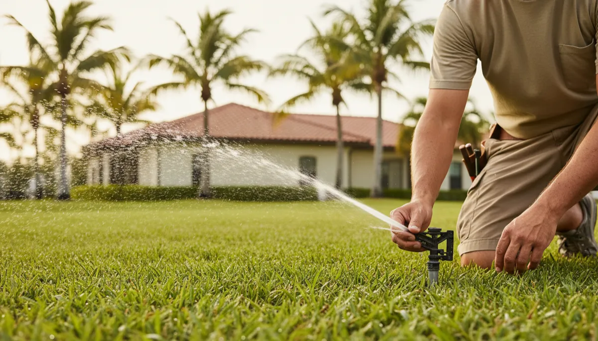 Landscaper adjusting a sprinkler head on a healthy Lakeland lawn