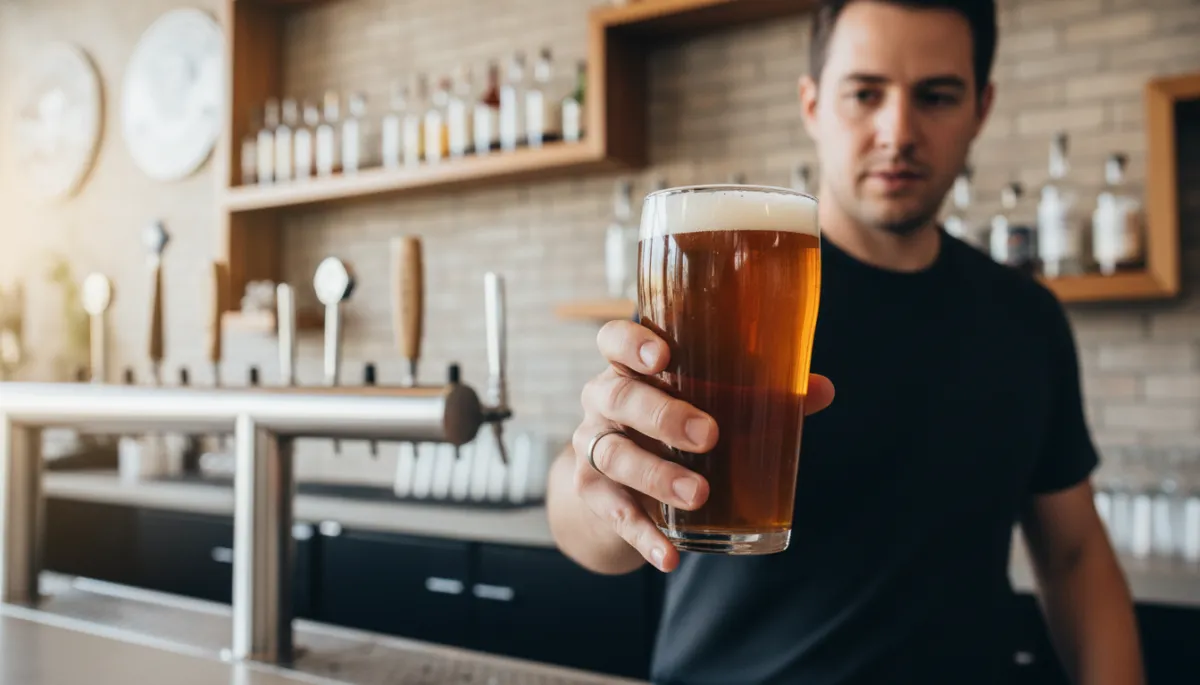 Bartender carefully inspecting a freshly poured craft beer for quality