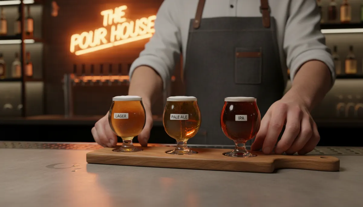 Tasting flight of lager, pale ale and IPA at The Pour House