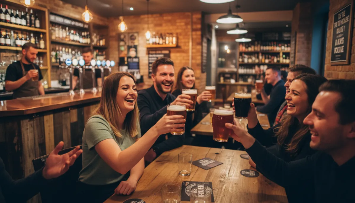 Replace with a photo-realistic or actual image of guests enjoying craft beer at The Pour House in Devizes, ideally with visible bar ambiance, sourced from www.thepourhousedevizes.com