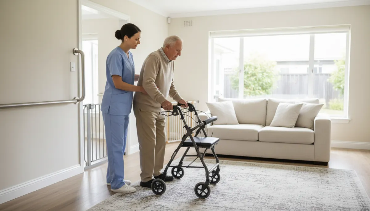 Caregiver helping an older adult walk safely at home with mobility support