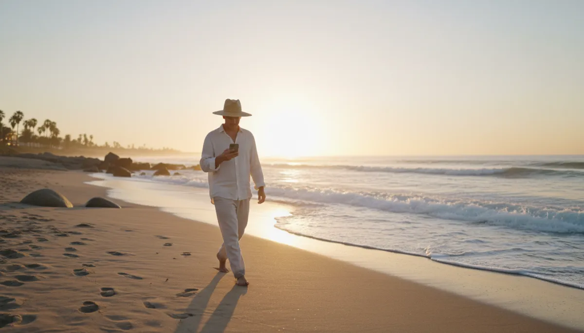 Person walking on a beach at sunrise holding a smartphone, symbolizing freedom and flexibility