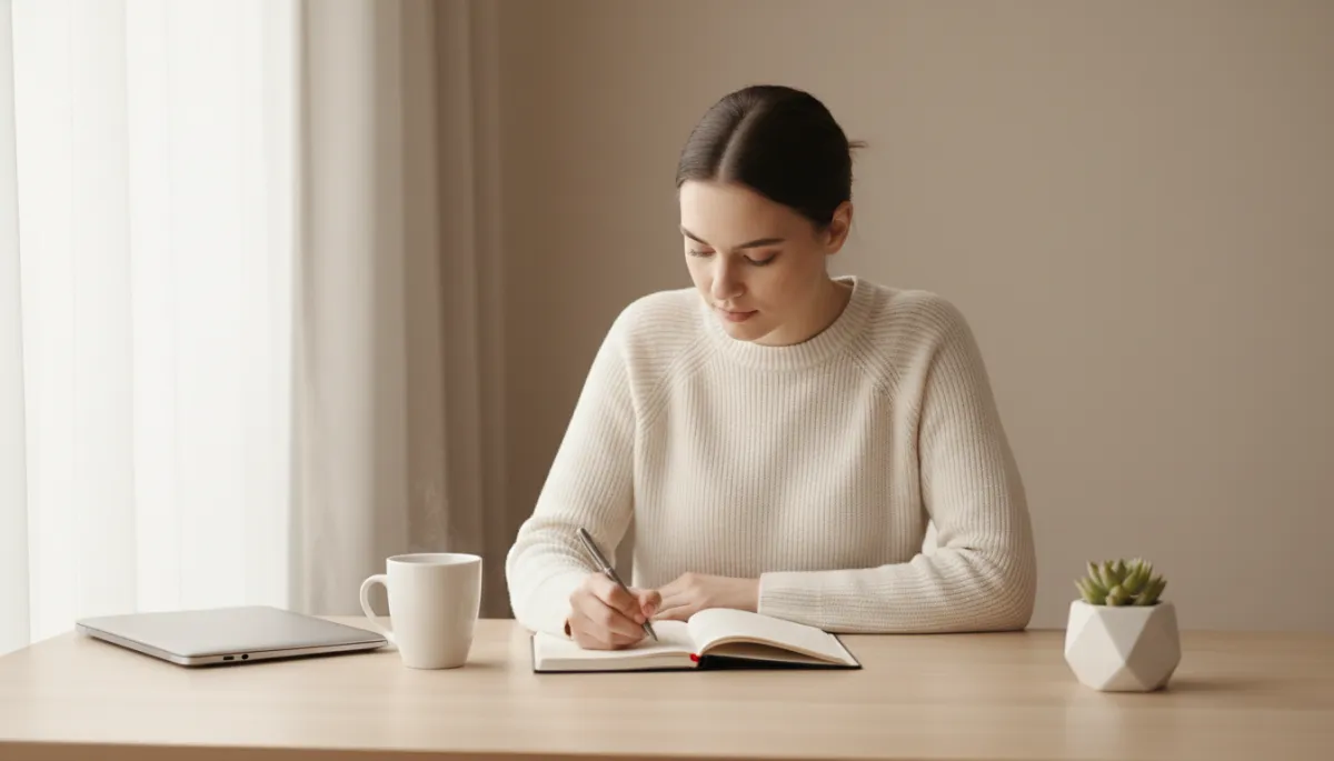 Person journaling at a tidy desk, reflecting and planning calmly