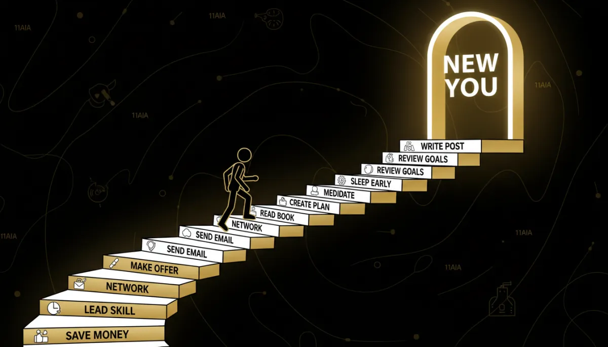 Illustrative staircase of small daily actions leading toward a transformed self