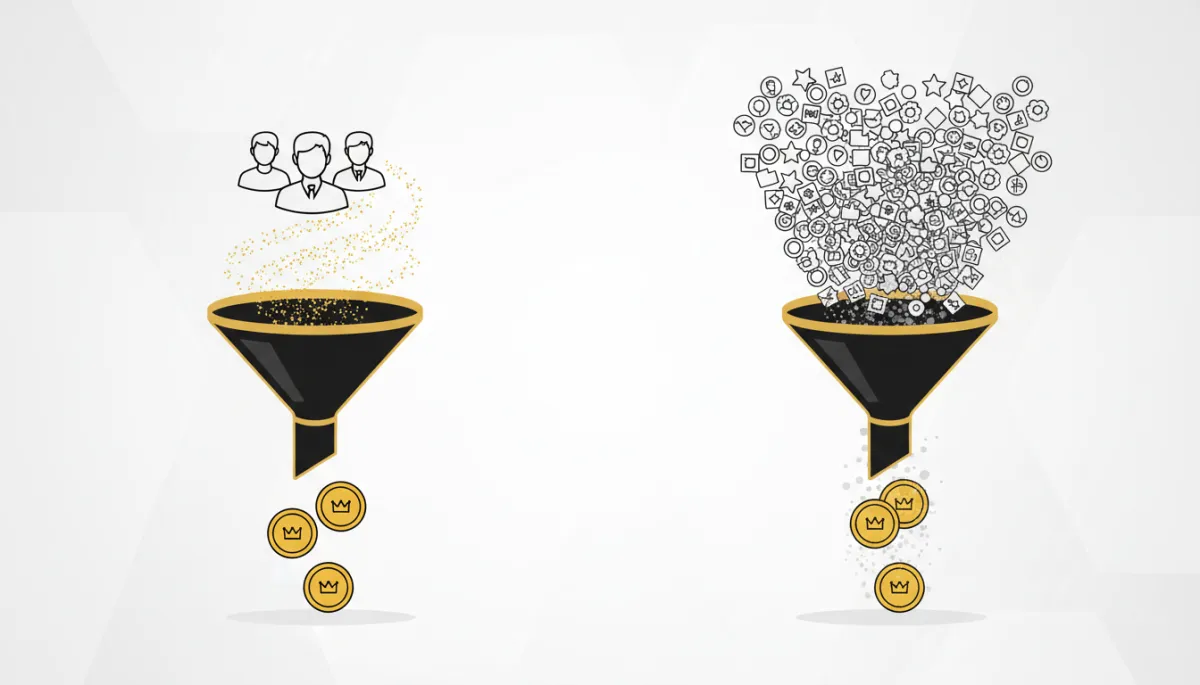 Illustrative funnel showing experts converting small targeted audiences and influencers converting large broad audiences Illustrative funnel showing experts converting small targeted audiences and influencers converting large broad audiences