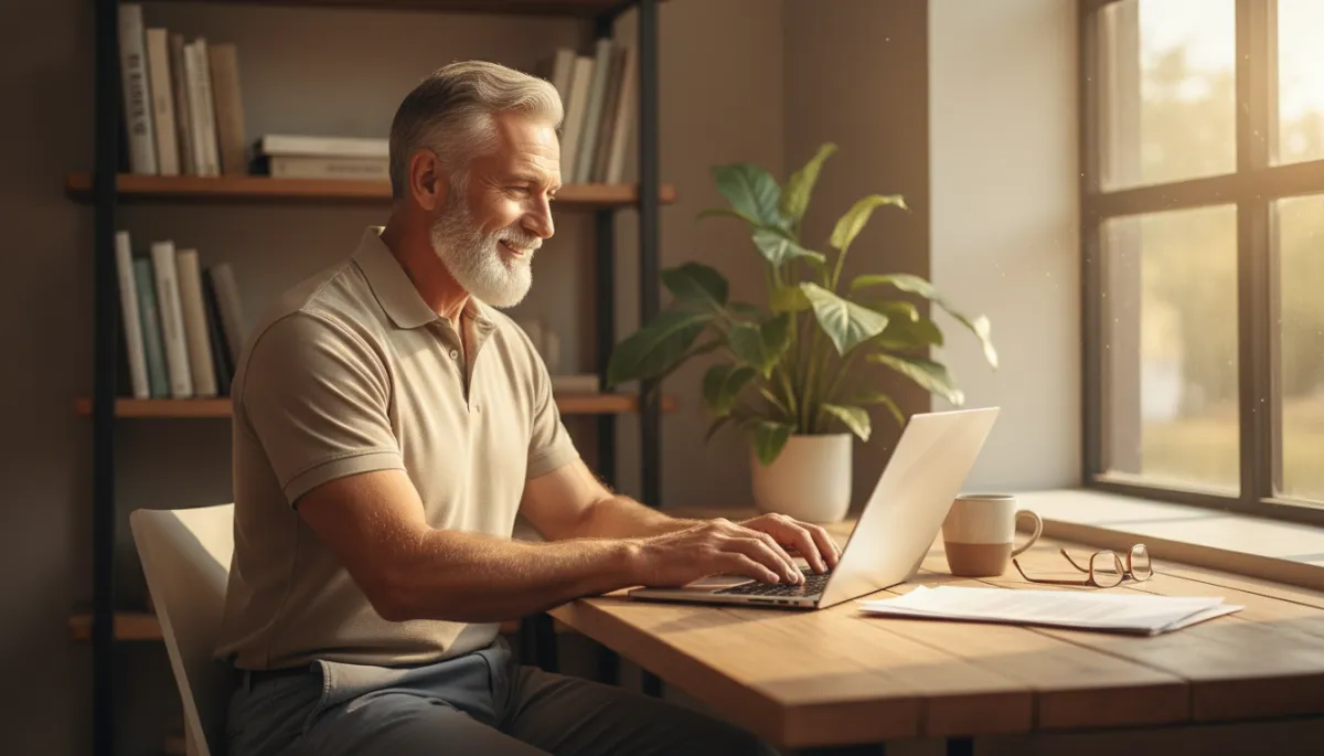 photorealistic, warm lighting, professional lifestyle scene of a fit man in his early 70s (Papa Ron style) smiling and working confidently on a laptop at a cozy home office desk, soft neutral colors, subtle background shelves with books and a plant, late-afternoon sunlight through a window