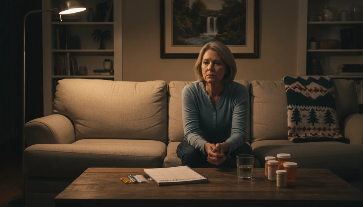 Exhausted caregiver sitting alone in a quiet living room at night
