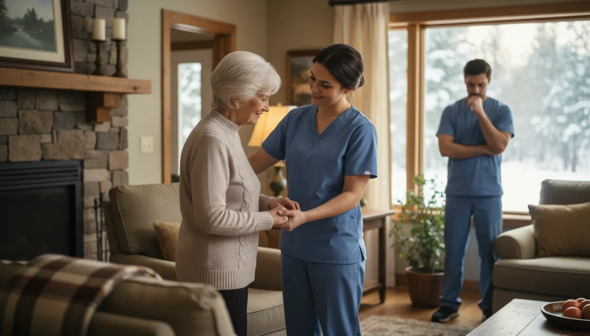 Create a photorealistic, high-quality image featuring an empathetic, professional caregiver in an upstate New York setting, gently supporting an elderly patient in a cozy living room. In the background, subtly include a second figure—another caregiver or family member—looking thoughtful and slightly overlooked, symbolizing 