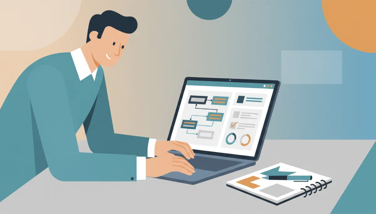 Founder reviewing automation workflows and strategic goals at a tidy desk Founder reviewing automation workflows and strategic goals at a tidy desk