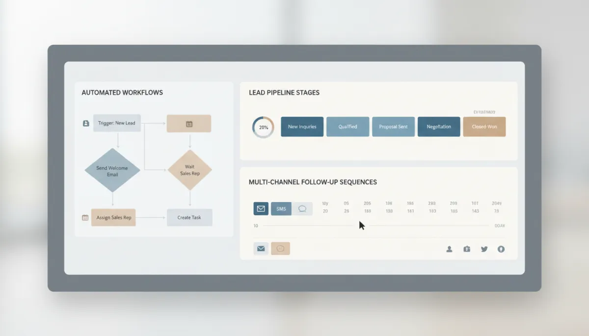 Close-up of GoHighLevel dashboard showing automated workflows and lead pipelines
