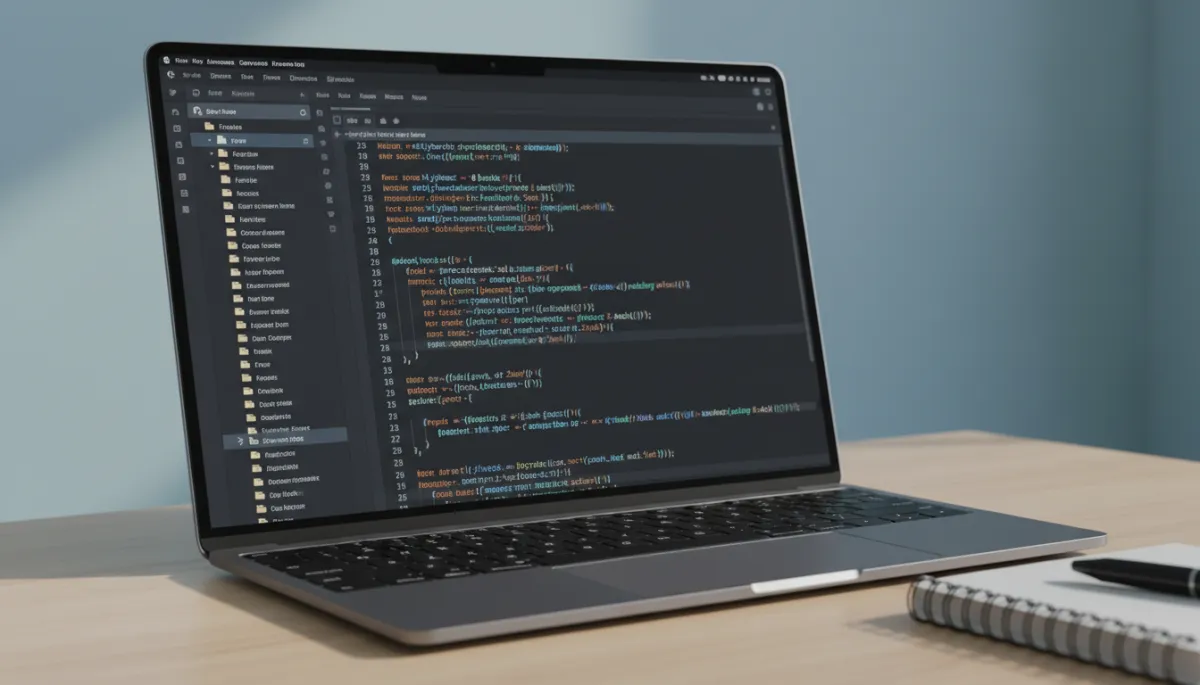 Close-up of organized, readable code on a laptop in a professional setting