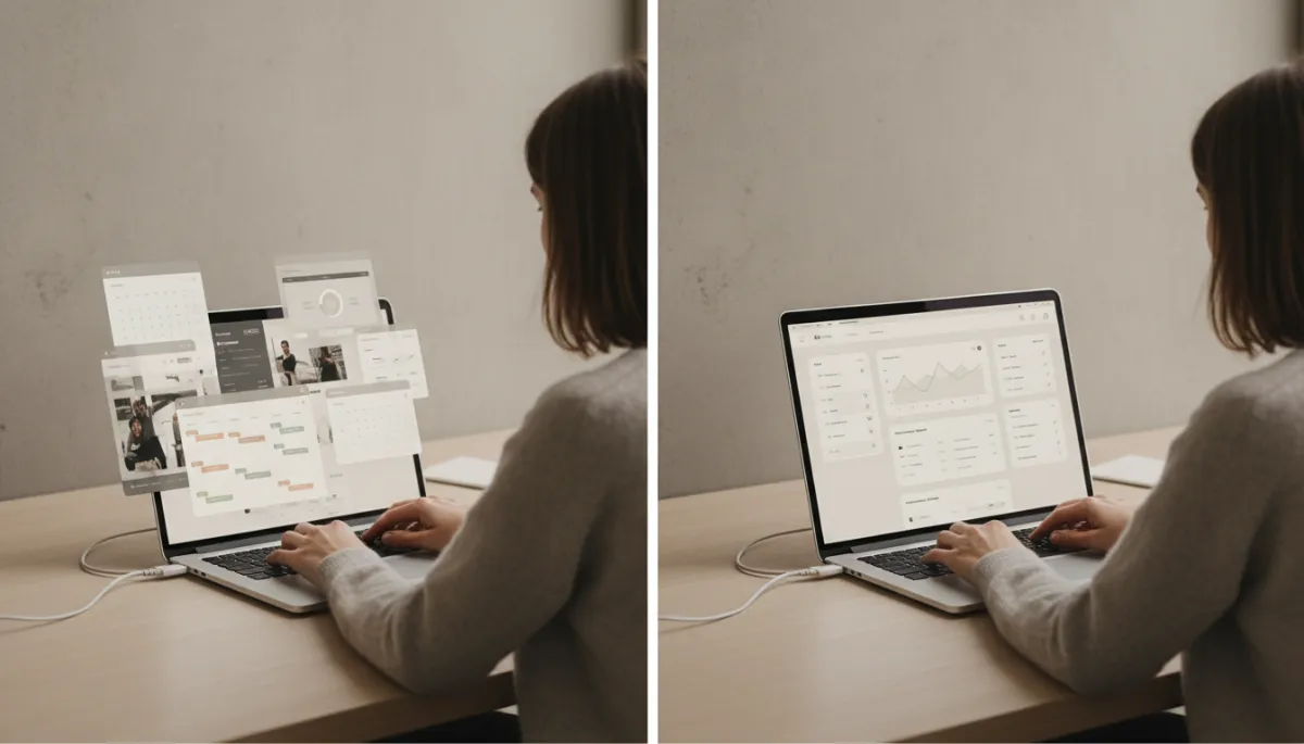 Comparison between a cluttered multi-app workflow and a single unified workspace