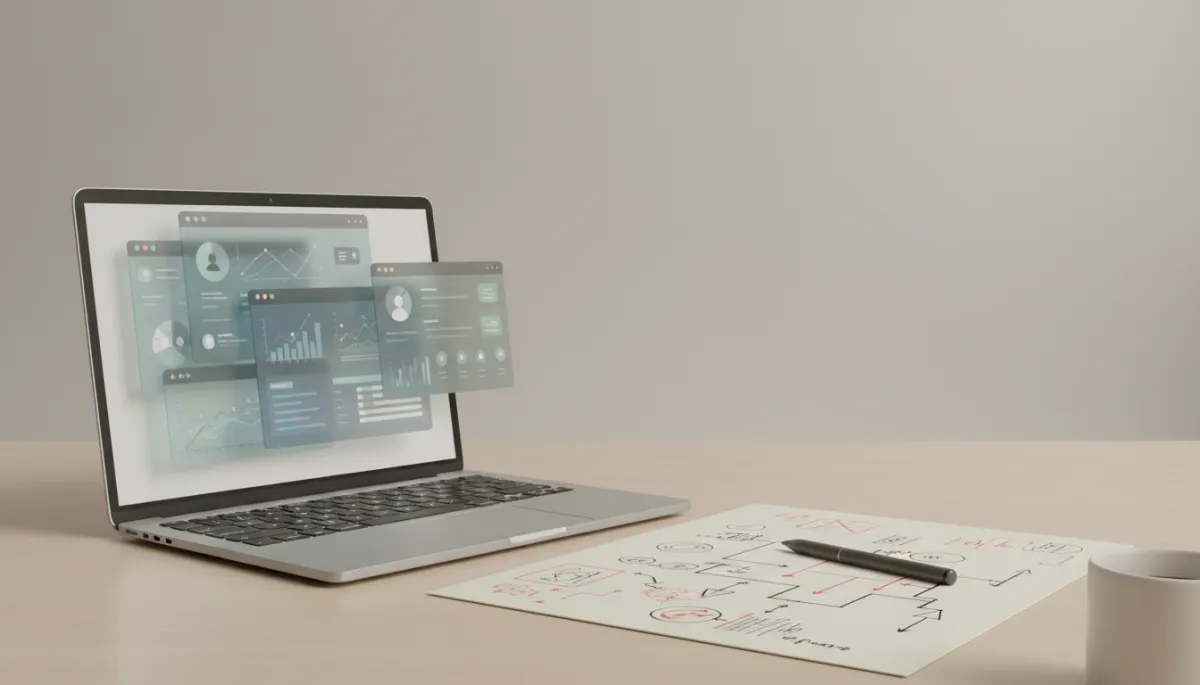 Desk with overlapping digital tools and messy process notes