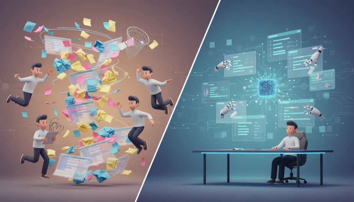 Comparison of chaotic manual operations and streamlined AI‑driven workflows