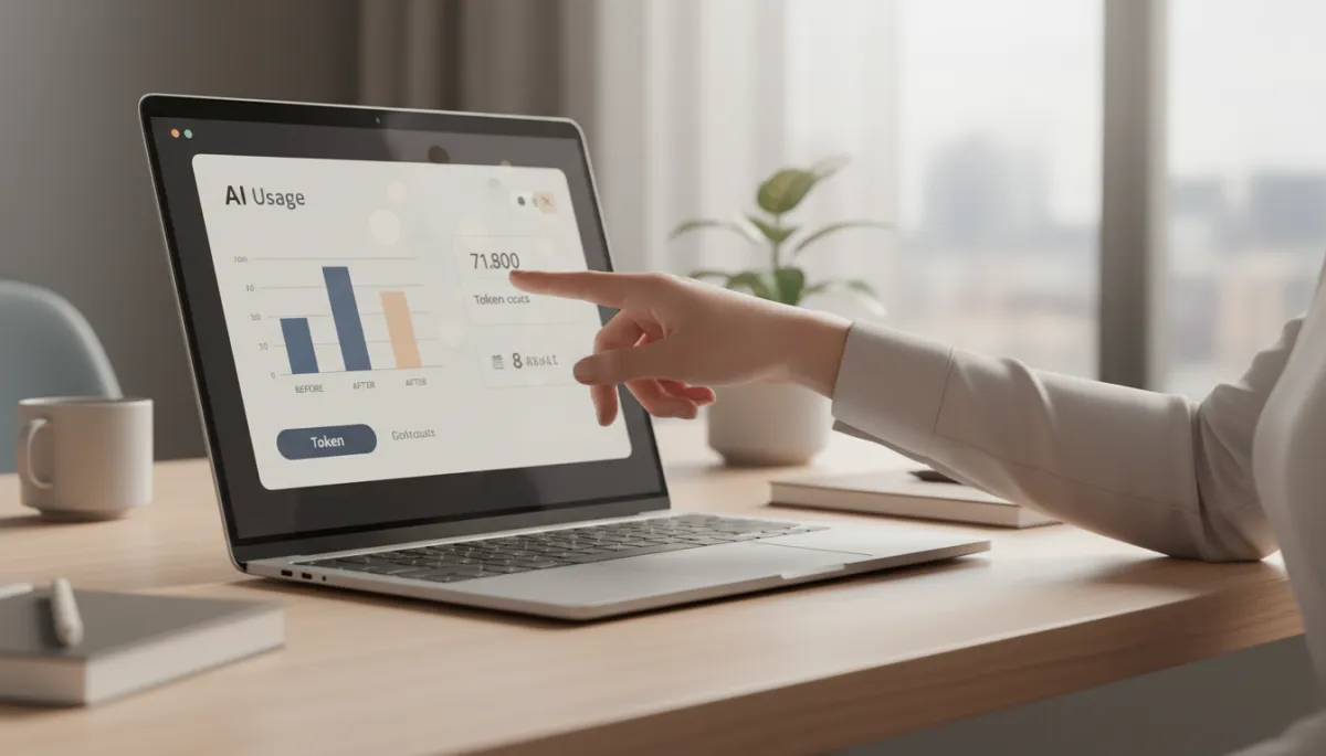 Professional dashboard displaying AI token usage and cost optimization over time