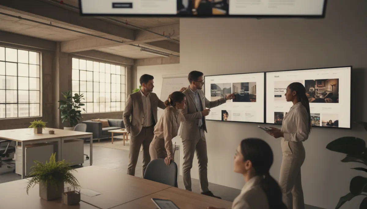 Professional agency team comparing multiple similar client websites in an office