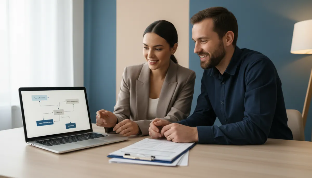 Founder and operations manager collaborating on process documentation in a neutral-toned office
