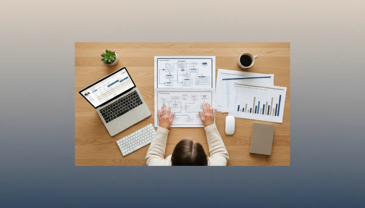 Founder reviewing time and system audits at a neutral-toned desk