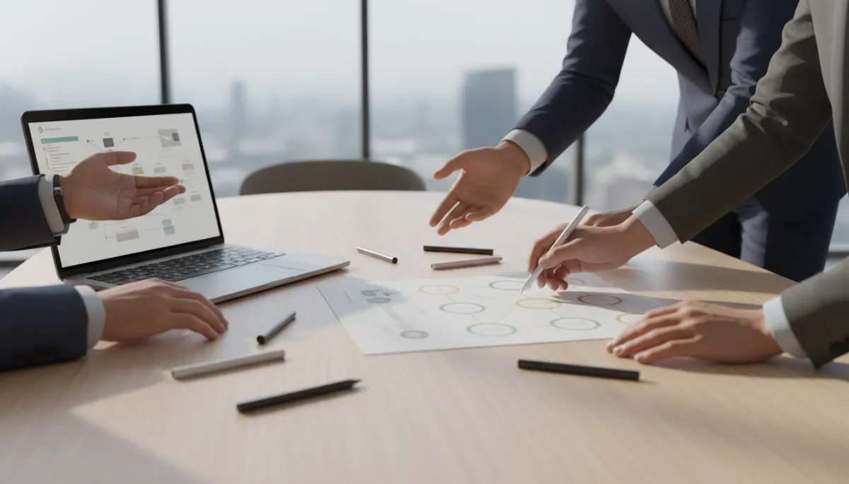 professional neutral-toned meeting table with printed client journey map, colored pens, and a laptop open to a workflow diagram, two people pointing at key stages, professional style professional neutral-toned meeting table with printed client journey map, colored pens, and a laptop open to a workflow diagram, two people pointing at key stages, professional style