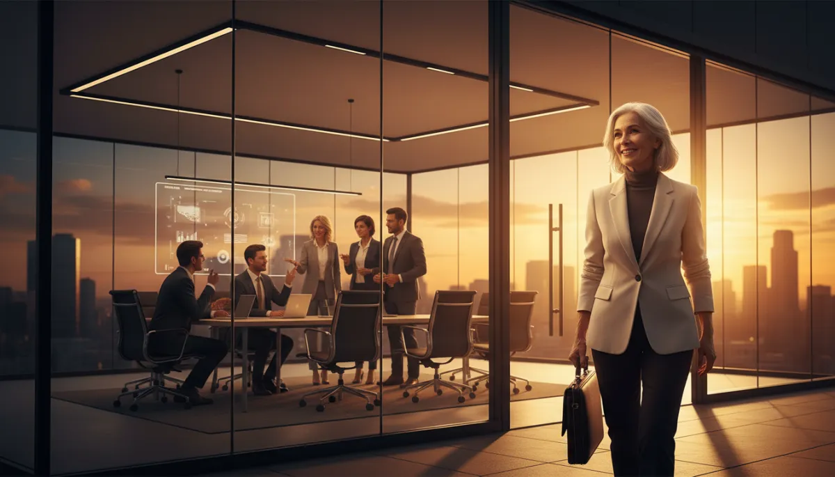 Senior business owner leaving the office while team manages operations