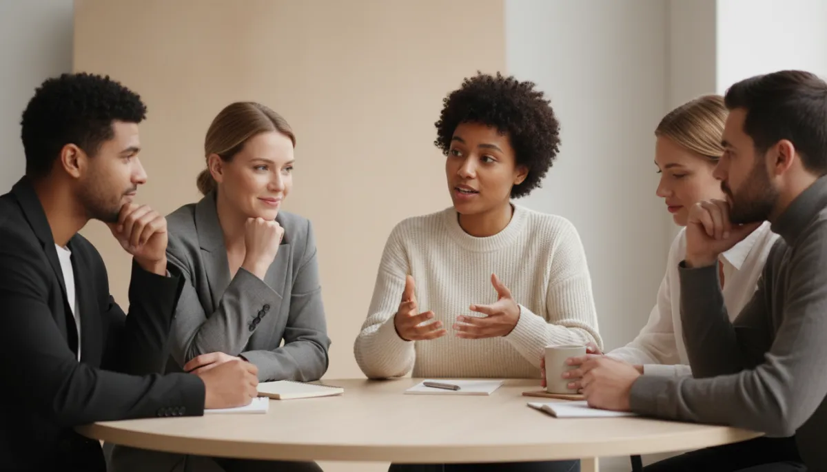 Small diverse group leaning in and listening during a quiet conversation Small diverse group leaning in and listening during a quiet conversation