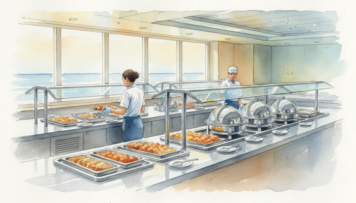 Clean buffet area on Icon of the Seas with staff following strict hygiene practices