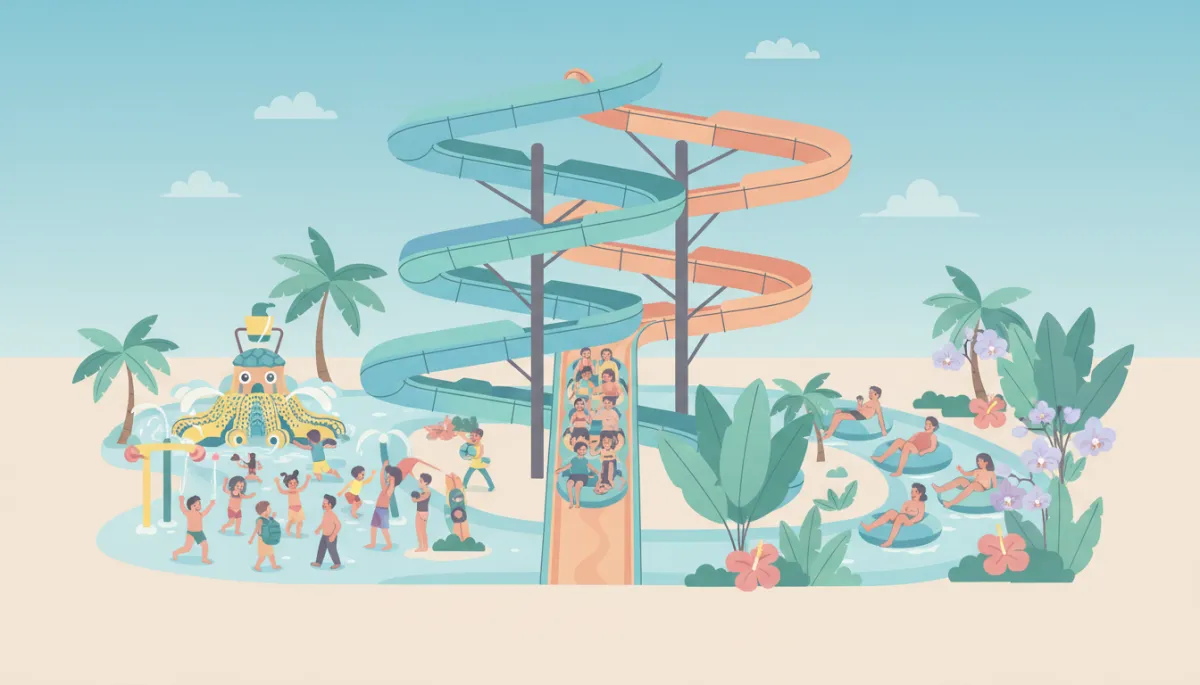 Guests enjoying slides, kids’ splash area, and lazy river at Great Tides Waterpark