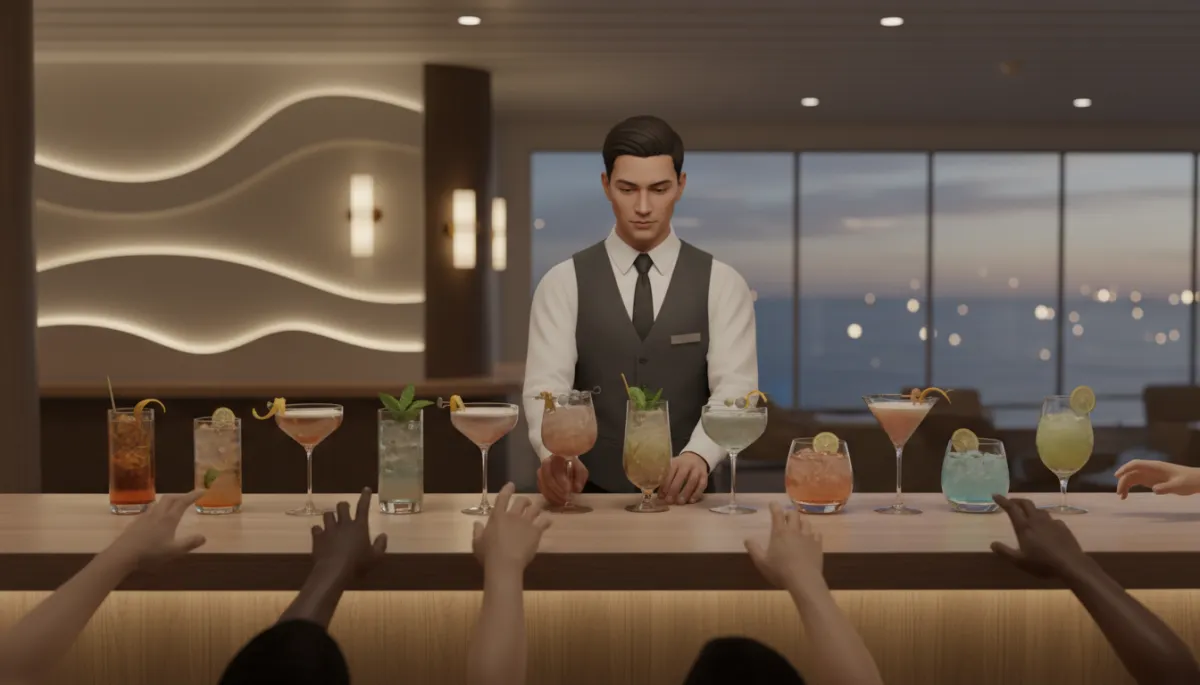 Selection of alcoholic and non-alcoholic drinks on a cruise ship bar