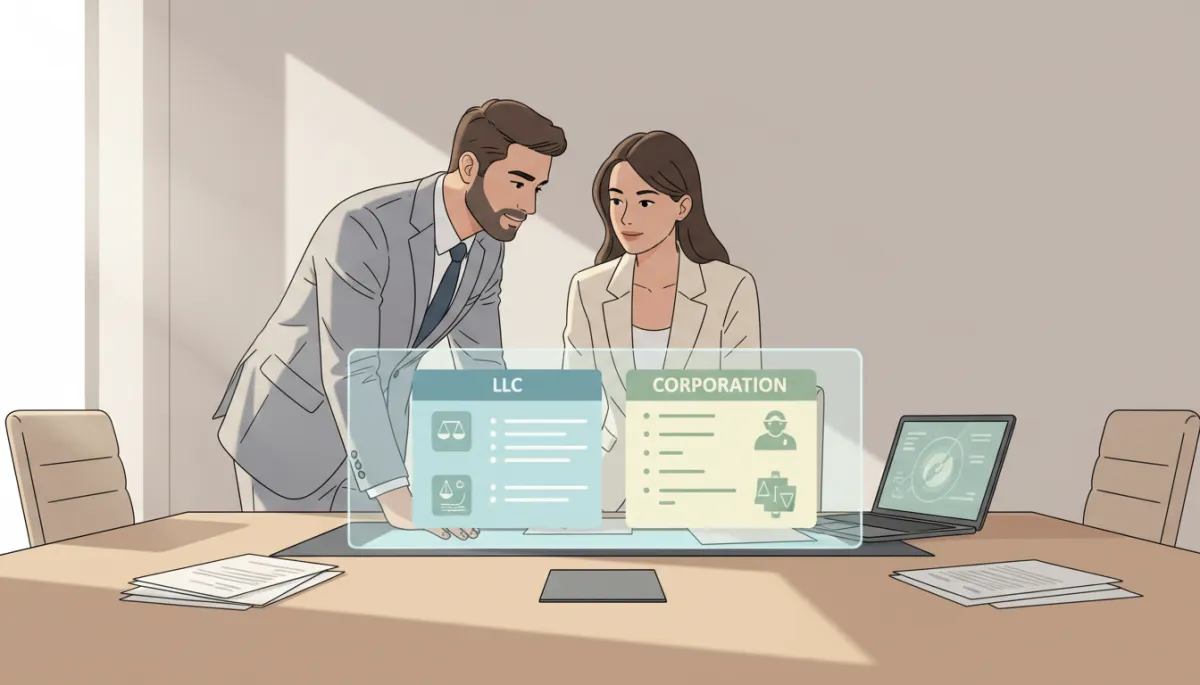 Lawyer and entrepreneur reviewing LLC versus corporation comparison chart