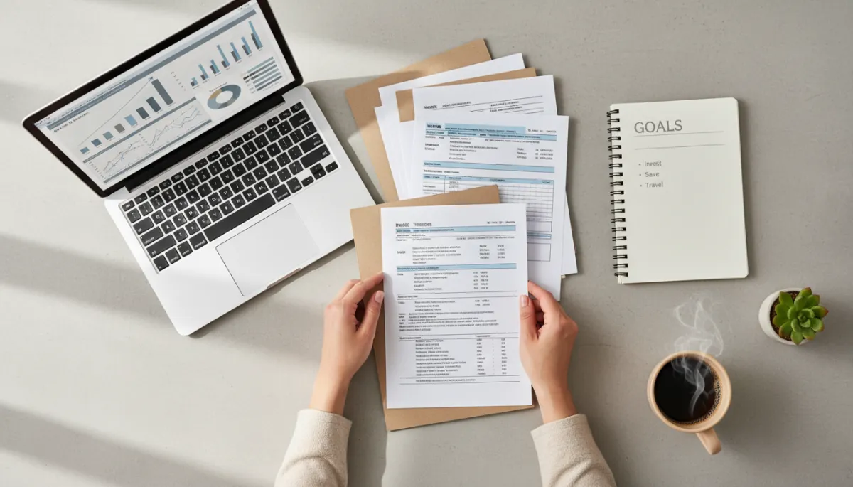 Organizing financial paperwork and charts during a mid-year review