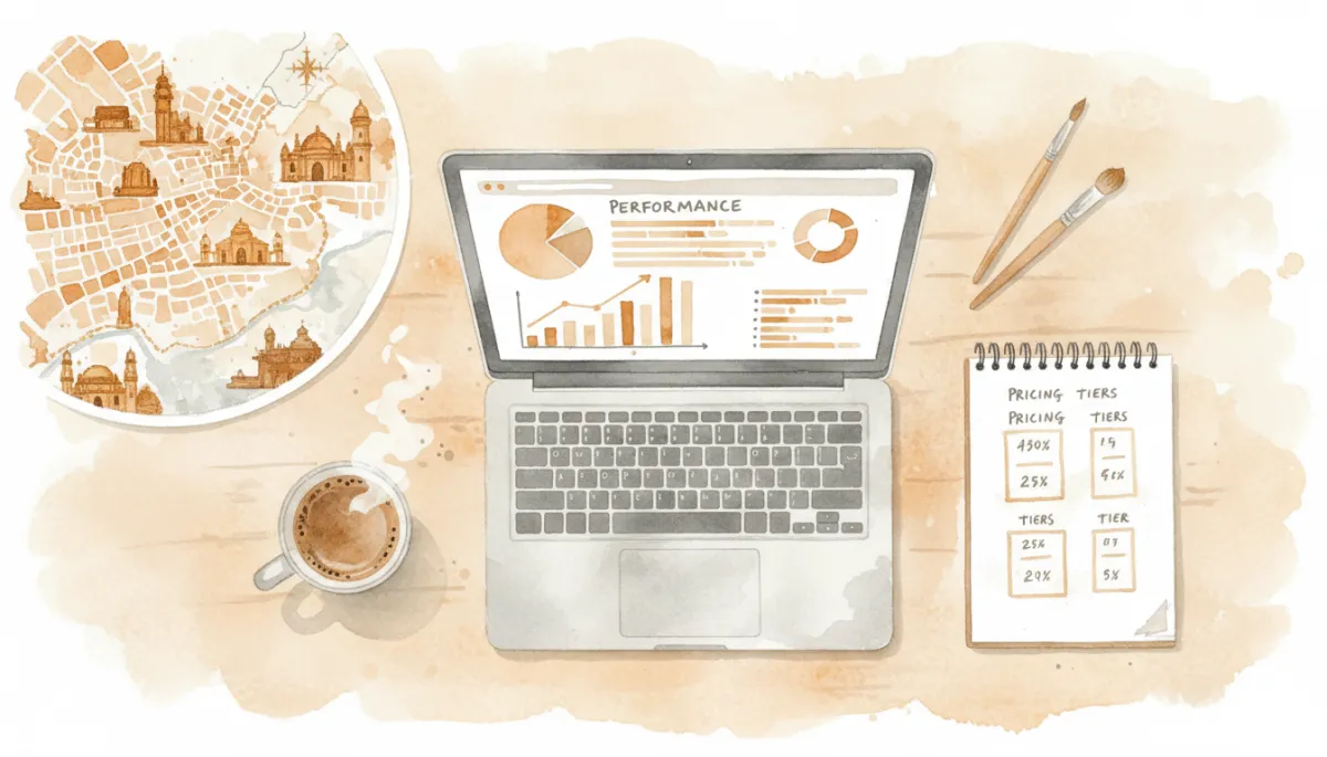 professional flat-lay of a developer desk with laptop showing website performance dashboard, notepad with pricing tiers sketched, and Hyderabad city map in the corner, neutral tones