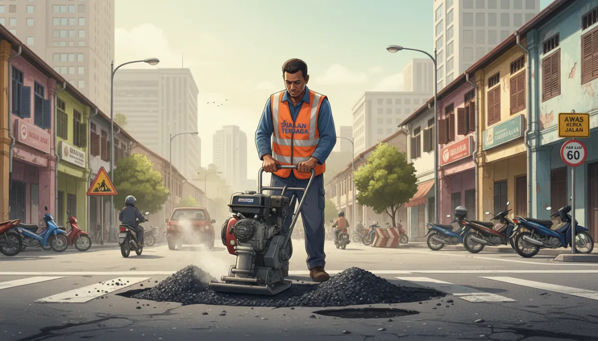A photorealistic image of a Malaysian road worker compacting ECO PATCH cold asphalt into a pothole on a Malaysian city street. The worker should have distinctly Malaysian features and wear a safety vest with local company branding. The background shows Malaysian urban architecture, motorcycles, and signage in Malay language.