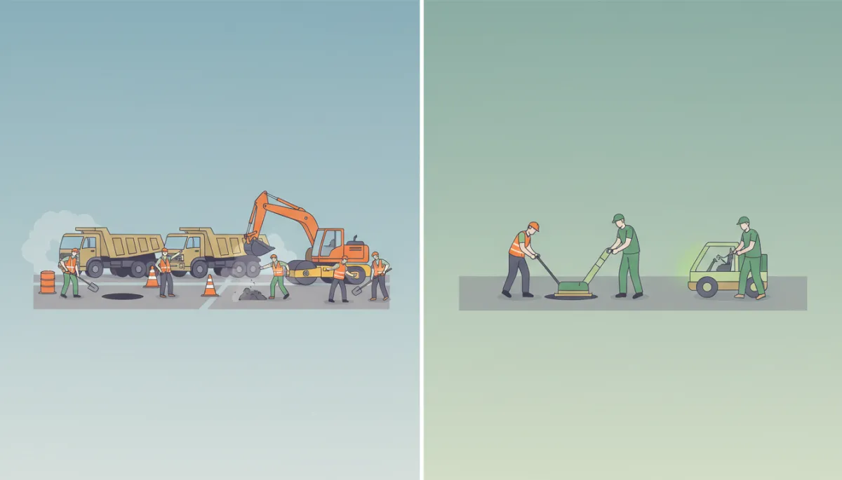 Comparison of traditional large road crew and small EcoPatch crew repairing potholes