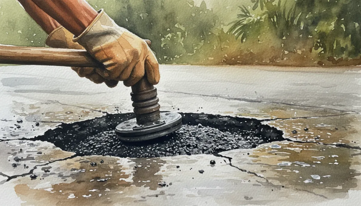 Close-up of EcoPatch cold-mix being compacted into a wet pothole