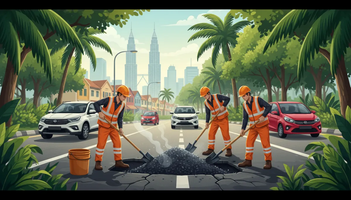 A photorealistic image of Malaysian road workers repairing a pothole on a city street using cold-mix asphalt, with lush greenery and tropical plants lining the roadside. The workers are wearing safety vests and helmets, and modern Malaysian vehicles are visible in the background. Iconic Malaysian architecture, such as the Petronas Twin Towers or traditional shophouses, appears subtly in the distance. The scene is bathed in natural daylight, conveying a clean, eco-friendly, and efficient road maintenance process. The overall mood is professional and environmentally conscious, highlighting the green benefits of cold-mix pavement repair in a distinctly Malaysian urban setting. A photorealistic image of Malaysian road workers repairing a pothole on a city street using cold-mix asphalt, with lush greenery and tropical plants lining the roadside. The workers are wearing safety vests and helmets, and modern Malaysian vehicles are visible in the background. Iconic Malaysian architecture, such as the Petronas Twin Towers or traditional shophouses, appears subtly in the distance. The scene is bathed in natural daylight, conveying a clean, eco-friendly, and efficient road maintenance process. The overall mood is professional and environmentally conscious, highlighting the green benefits of cold-mix pavement repair in a distinctly Malaysian urban setting.