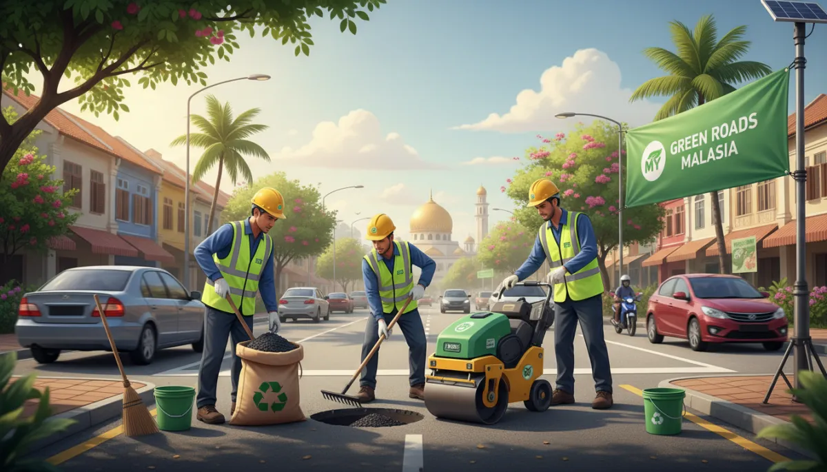 A photorealistic, high-resolution image of a Malaysian road maintenance crew using eco-friendly cold-mix asphalt to repair a pothole on a bustling city street. The workers, all wearing bright safety vests and helmets adorned with clear Malaysian signage or logos, are actively engaged in the repair process. Around them, equipment and materials are minimal and environmentally friendly, including biodegradable packaging and green-themed signage that promotes sustainability. The background features lush tropical greenery and iconic Malaysian architecture, such as colorful shophouses and a mosque dome, under a clean, sunlit sky. The overall scene feels vibrant, efficient, and environmentally conscious, highlighting teamwork and the green benefits of modern cold-mix pavement repair in Malaysia. A photorealistic, high-resolution image of a Malaysian road maintenance crew using eco-friendly cold-mix asphalt to repair a pothole on a bustling city street. The workers, all wearing bright safety vests and helmets adorned with clear Malaysian signage or logos, are actively engaged in the repair process. Around them, equipment and materials are minimal and environmentally friendly, including biodegradable packaging and green-themed signage that promotes sustainability. The background features lush tropical greenery and iconic Malaysian architecture, such as colorful shophouses and a mosque dome, under a clean, sunlit sky. The overall scene feels vibrant, efficient, and environmentally conscious, highlighting teamwork and the green benefits of modern cold-mix pavement repair in Malaysia.