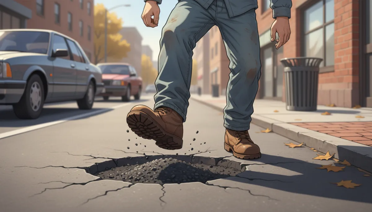 A photorealistic, high-quality image of a man in casual work clothes and sturdy boots, seen outdoors on a city street in daylight, using his boots to firmly stomp and compact cold asphalt mix into a pothole. The scene captures the simplicity of the repair process, showcasing the man's determined expression and practical approach, with no specialized equipment in sight. The background features a typical urban environment with parked cars and sidewalks, and the focus remains on the man's boots pressing down on the freshly poured asphalt, emphasizing the DIY method for fixing a pothole quickly and efficiently.
