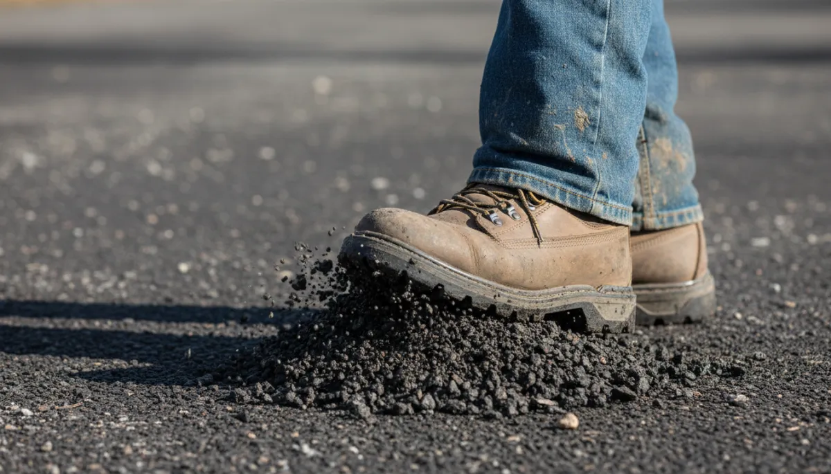 professional photorealistic scene of two road maintenance workers in high-visibility vests quickly repairing a pothole on an urban street using simple hand tools and a bag of cold mix asphalt, neutral color palette, overcast daylight