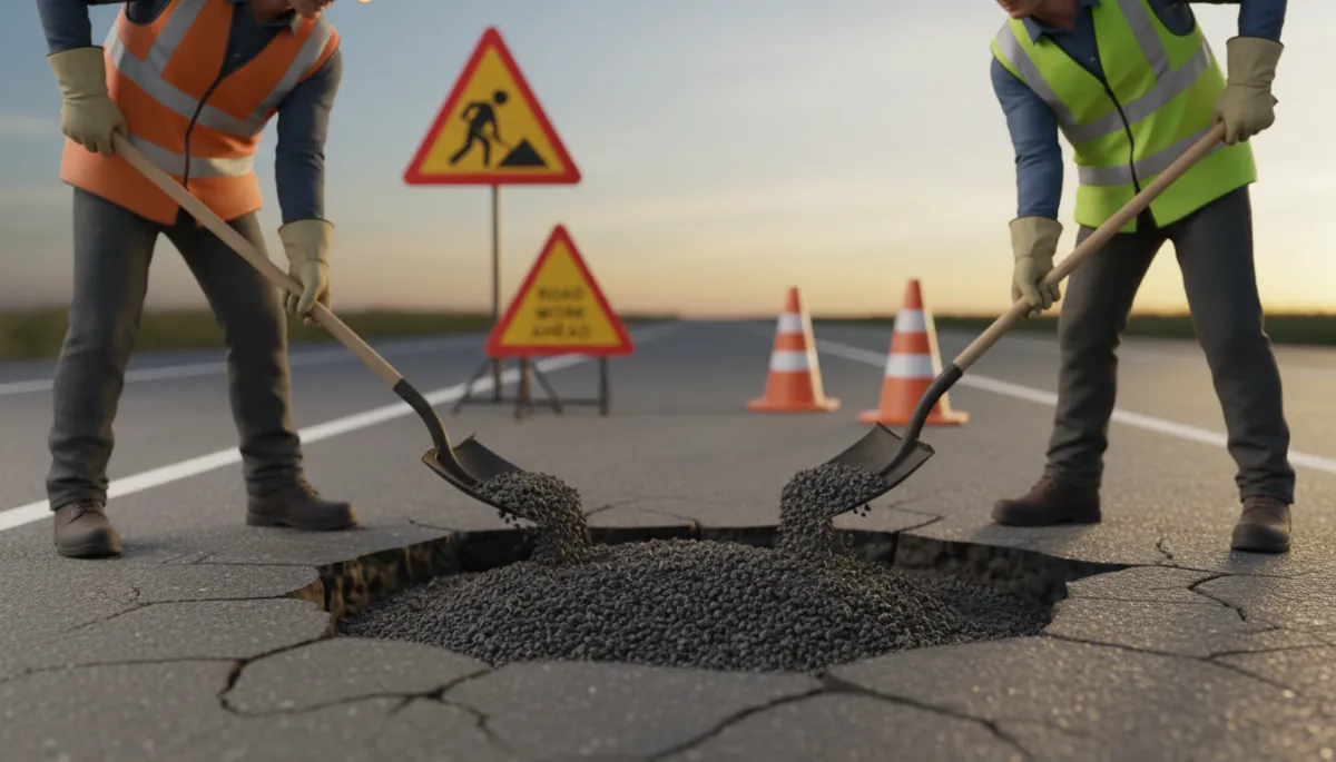 Application of EcoPatch cold-mix to repair a pothole on a Malaysian road