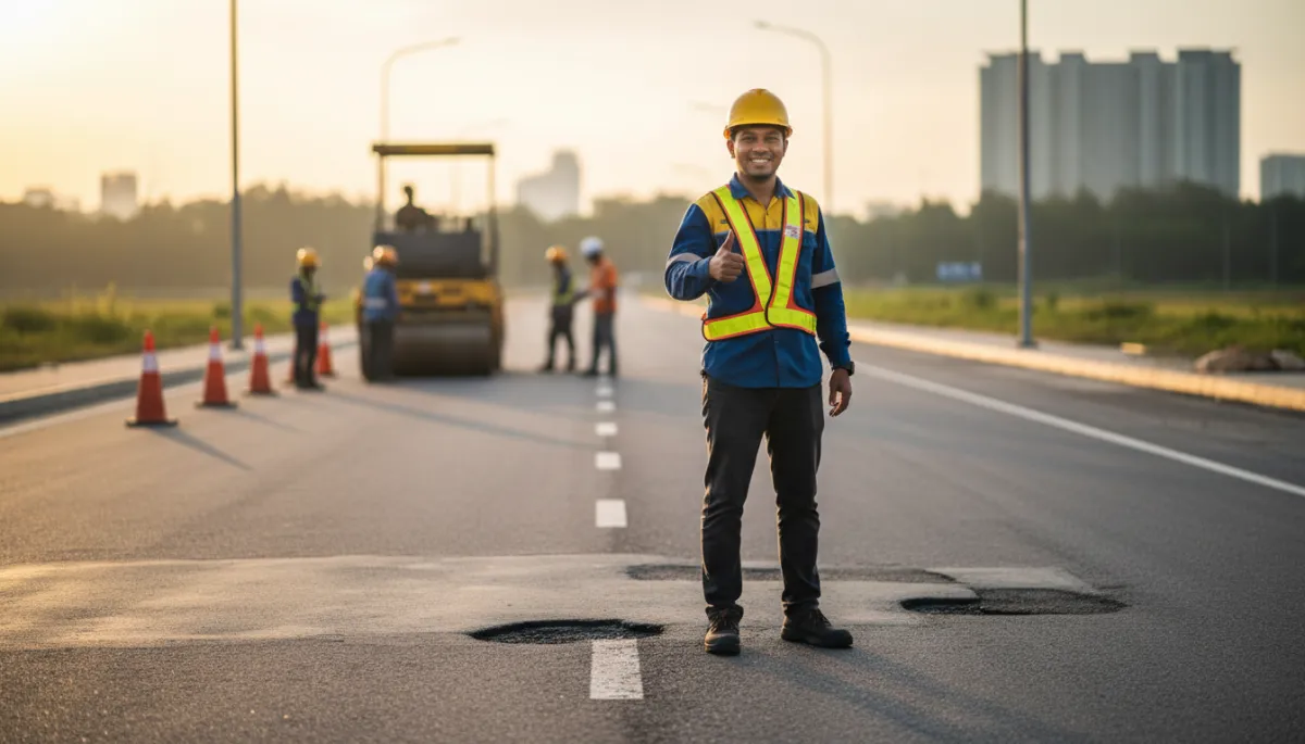 A photorealistic, high-quality image showing a group of Malaysian Malays—diverse in age and gender—standing alongside a newly constructed road. They are dressed in smart-casual or business attire, symbolizing progress and professionalism. In the background, modern Malaysian infrastructure is visible: well-paved roads, clear road markings, street lights, and green landscaping. Subtle elements like road signs in Malay, a distant silhouette of Kuala Lumpur’s skyline, or iconic Malaysian architecture (such as the Petronas Towers) can be included to emphasize the national context. The overall mood should convey optimism, collaboration, and forward-thinking, reflecting the positive impact of JKR approval on Malaysia’s infrastructure development. Bright daylight with clear skies enhances the professional and hopeful atmosphere.