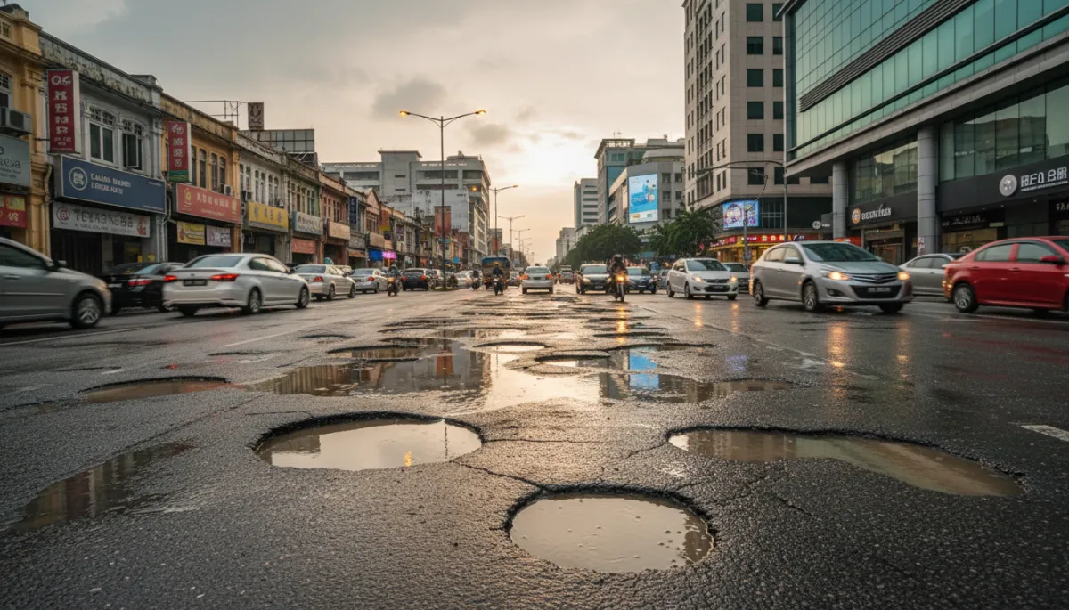 professional photorealistic scene of Malaysian multi-lane road with visible potholes, traffic cones and maintenance crew inspecting damage under cloudy sky, neutral color palette