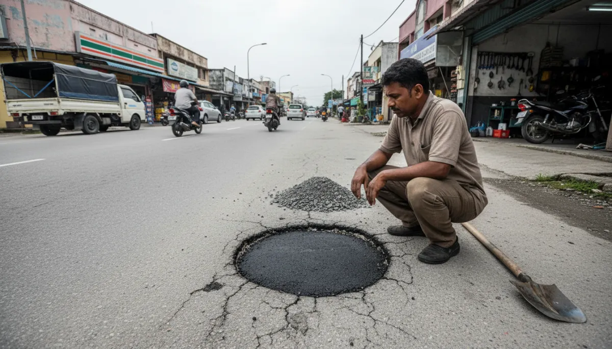 Seorang pekerja lelaki menggunakan penyodok dan campuran asfalt sejuk untuk menampal lubang di jalan bandar yang sibuk, dengan beg cold asphalt terbuka di tepi dan kenderaan lalu-lalang di latar belakang