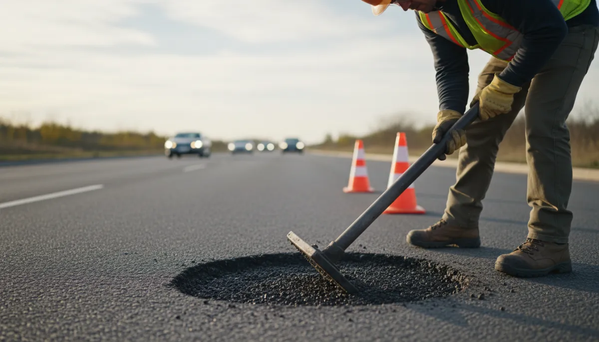 Worker compacting pothole mix while traffic passes with minimal disruption