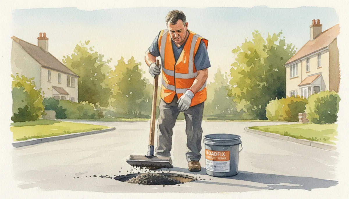 Resident tamping down cold-mix asphalt from a 25kg bucket in a small pothole