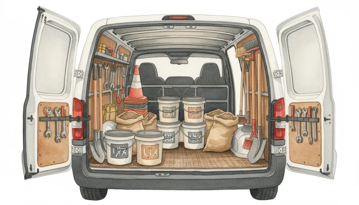 Standard maintenance van loaded with 25kg pothole repair buckets and sacks alongside tools and cones Standard maintenance van loaded with 25kg pothole repair buckets and sacks alongside tools and cones