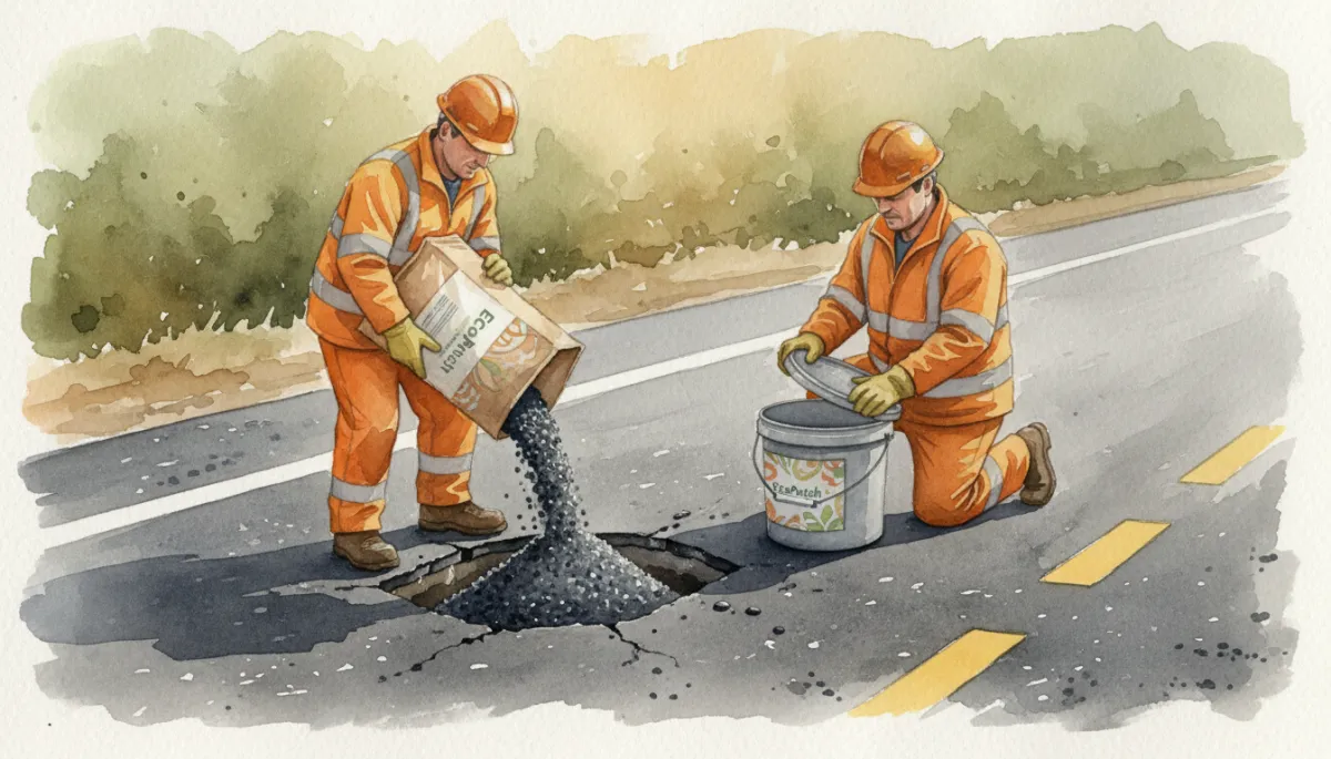 Pekerja menuang EcoPatch dari beg 25kg ke dalam lubang jalan Pekerja menuang EcoPatch dari beg 25kg ke dalam lubang jalan